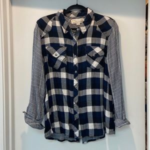 Blue and black mixed media flannel top.
